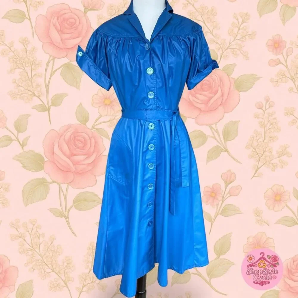 Vintage Cobalt Blue Puff Sleeve Shirt Dress with Belt - S - Prairiecore Cottage - Picture 1 of 8